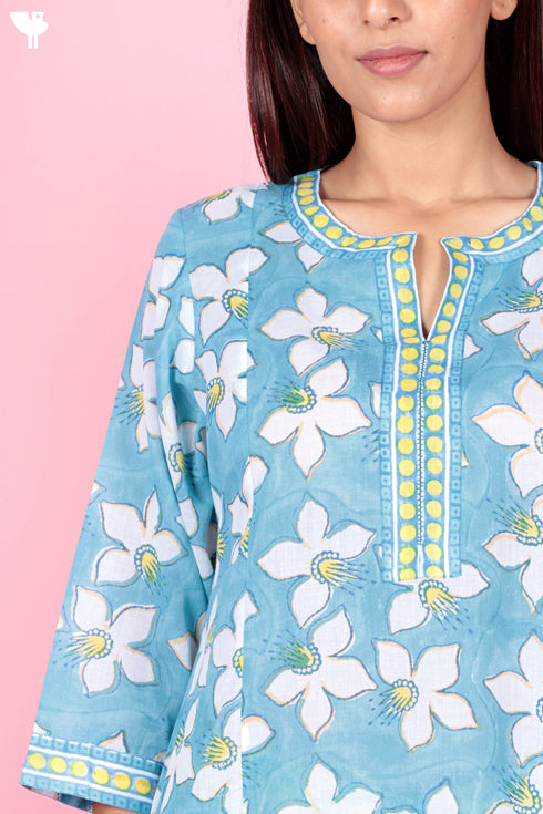 Mulmul Kurta Pant Set With Kota Dupatta In Block Print